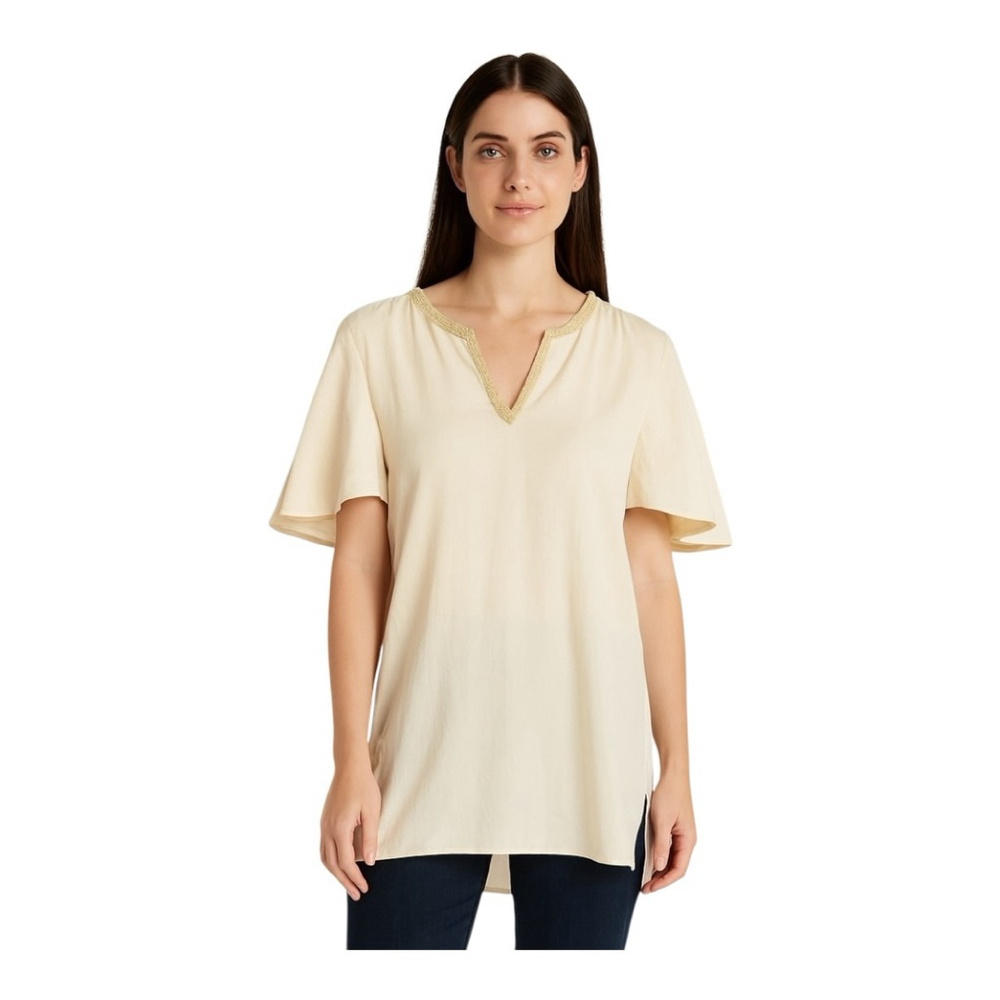 Umgee Beige Gold Trim V-Neck Tunic Top M